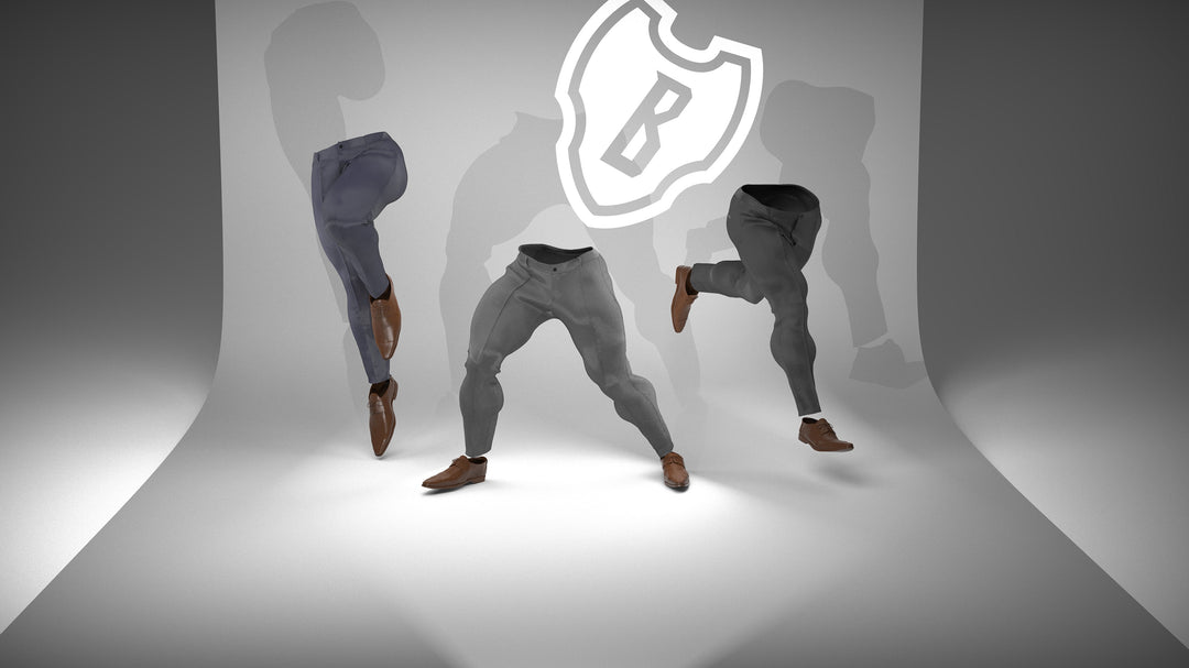 Three Flex Slacks over muscular but invisible physiques in action poses in front of a Buffery logomark projected up behind them