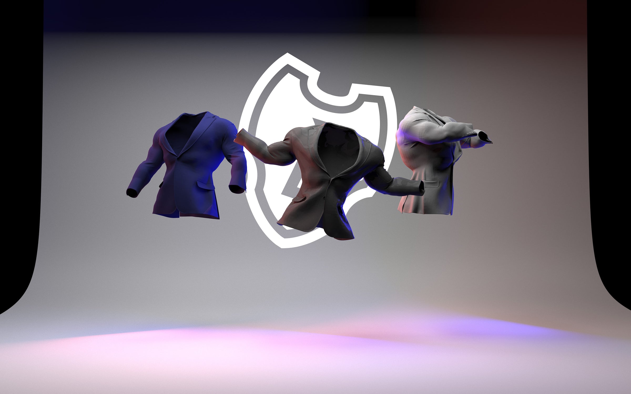 Three suit coats over muscular but invisible physiques in action poses in front of a Buffery logomark projected up behind them